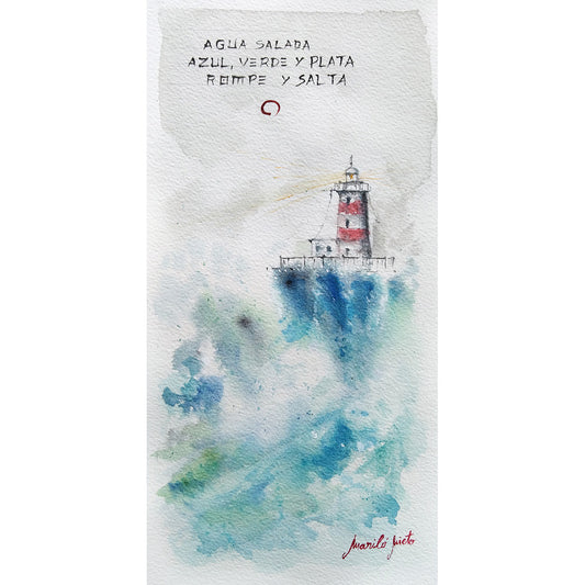 Haiga Marina I de Mariló Nieto, con un faro rojo y blanco en un acantilado. Olas azules y espumosas rompen contra las rocas, retornando al mar. Formato cuadrado.
