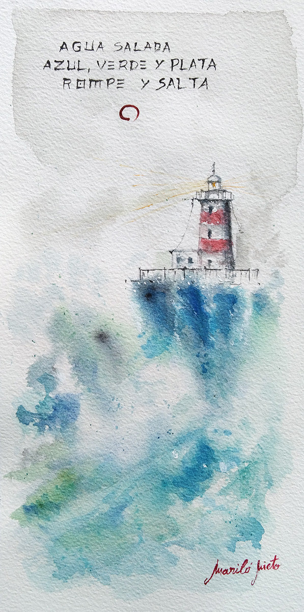 Haiga Marina I de Mariló Nieto, con un faro rojo y blanco en un acantilado. Olas azules y espumosas rompen contra las rocas, retornando al mar.