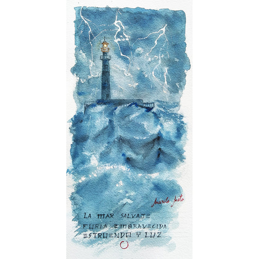 Haiga Marina II de Mariló Nieto, un faro en una noche tormentosa con grandes olas y relámpagos iluminando el cielo. Predominan los tonos azul índigo. Formato cuadrado.