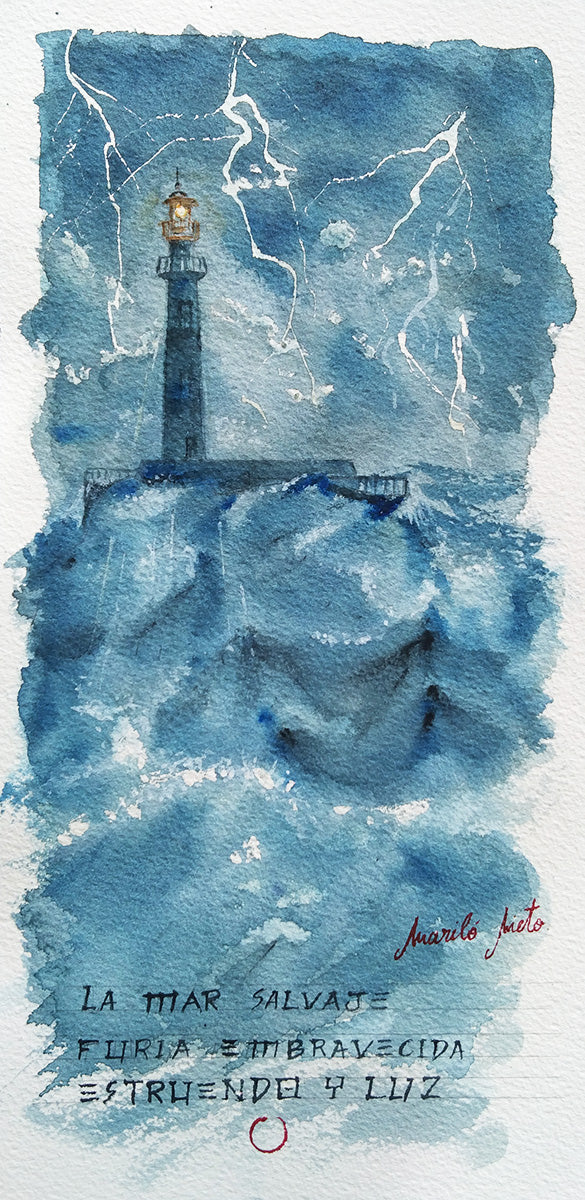 Haiga Marina II de Mariló Nieto, un faro en una noche tormentosa con grandes olas y relámpagos iluminando el cielo. Predominan los tonos azul índigo.