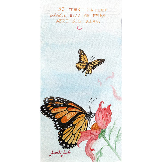 Acuarela Mariposas, dos mariposas monarca en escena: una posada sobre una flor rosa, otra en vuelo. Obra sobre transformación interior. Formato cuadrado.