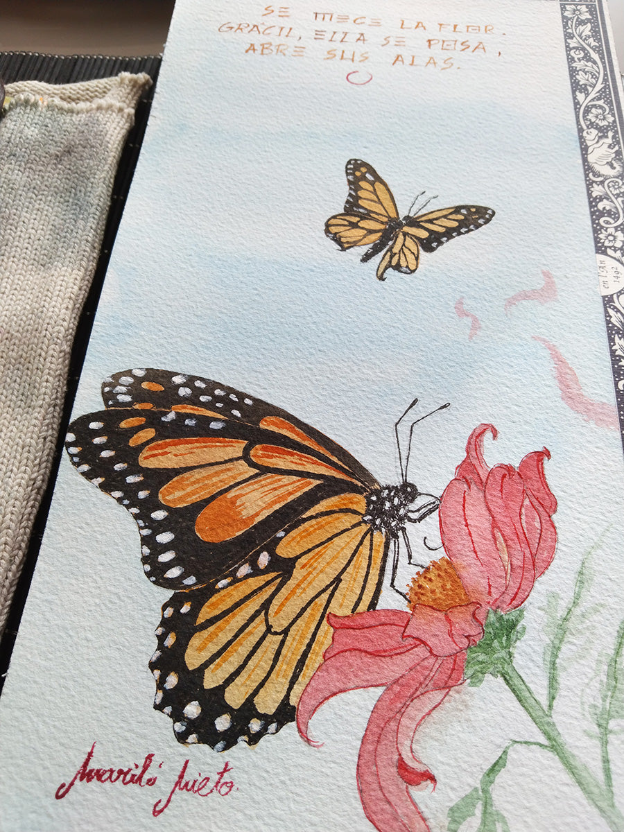 Textura del papel de acuarela y firma del artista en la obra Mariposas, parte de la colección Haihas 23/24.