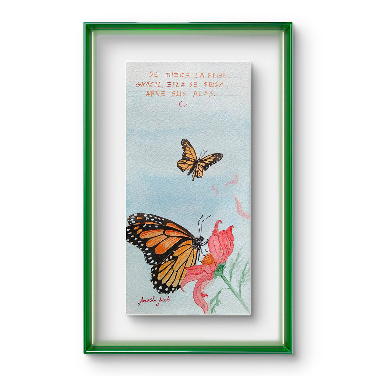 Acuarela Mariposas enmarcada y expuesta en un ambiente luminoso. Arte que transmite ligereza, cambio y renovación.