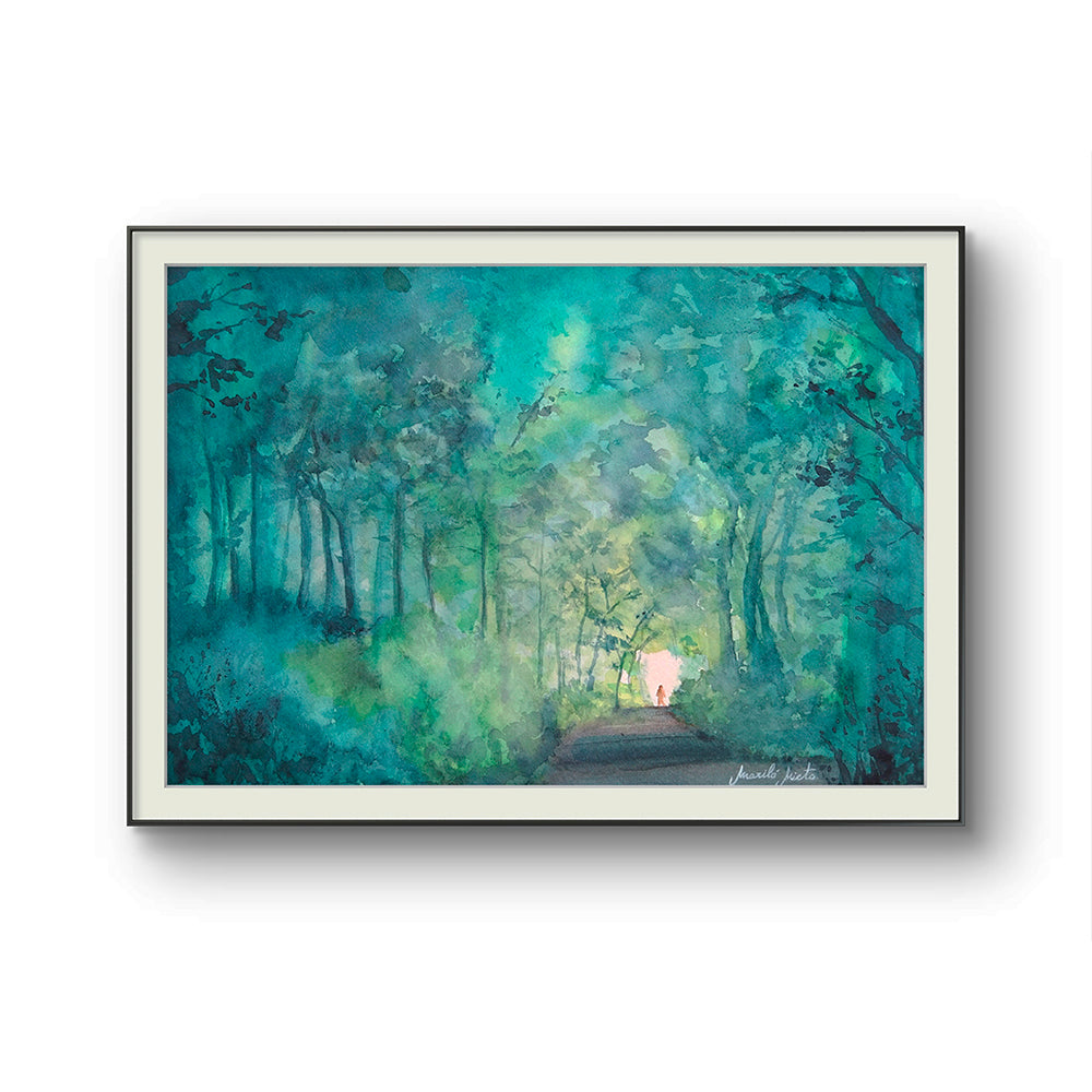 A través del bosque enmarcada, ambiente sereno. Obra que evoca el camino interior silencioso e introspectivo."