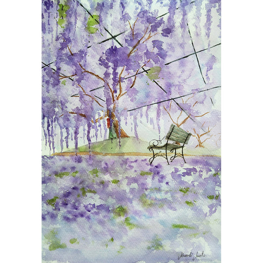 Bosque de Jacarandas, una figura solitaria, una mujer, abraza un árbol que ha florecido, uno entre tantas otras jacarandas. Obra sobre el respeto, la unidad y el amor incondicional. Bosques Interiores en formato cuadrado.