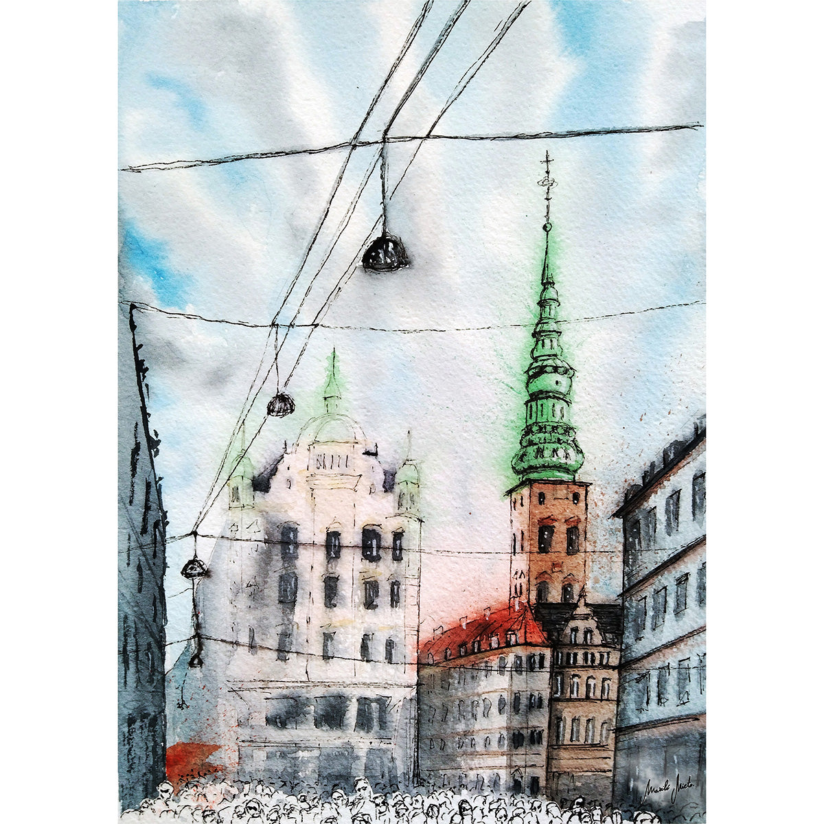 Acuarela original de la calle Strøget en Copenhague, con edificios rojizos, cúpulas verdes y figuras humanas en blanco sobre fondo urbano. Formato cuadrado de acuarela urbana.