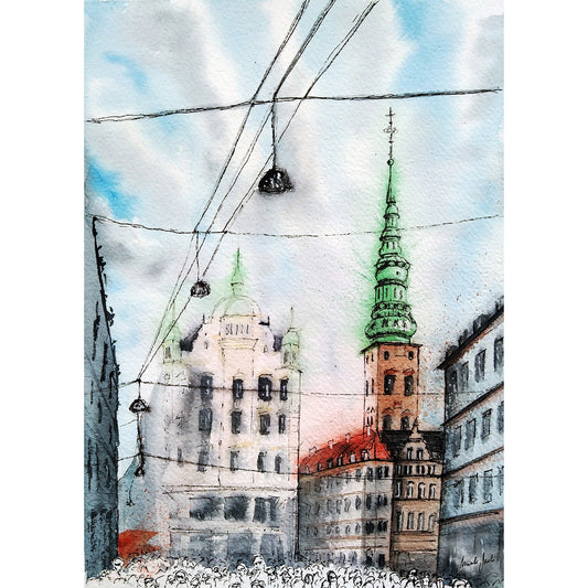 Acuarela original de la calle Strøget en Copenhague, con edificios rojizos, cúpulas verdes y figuras humanas en blanco sobre fondo urbano. Formato cuadrado de acuarela urbana.