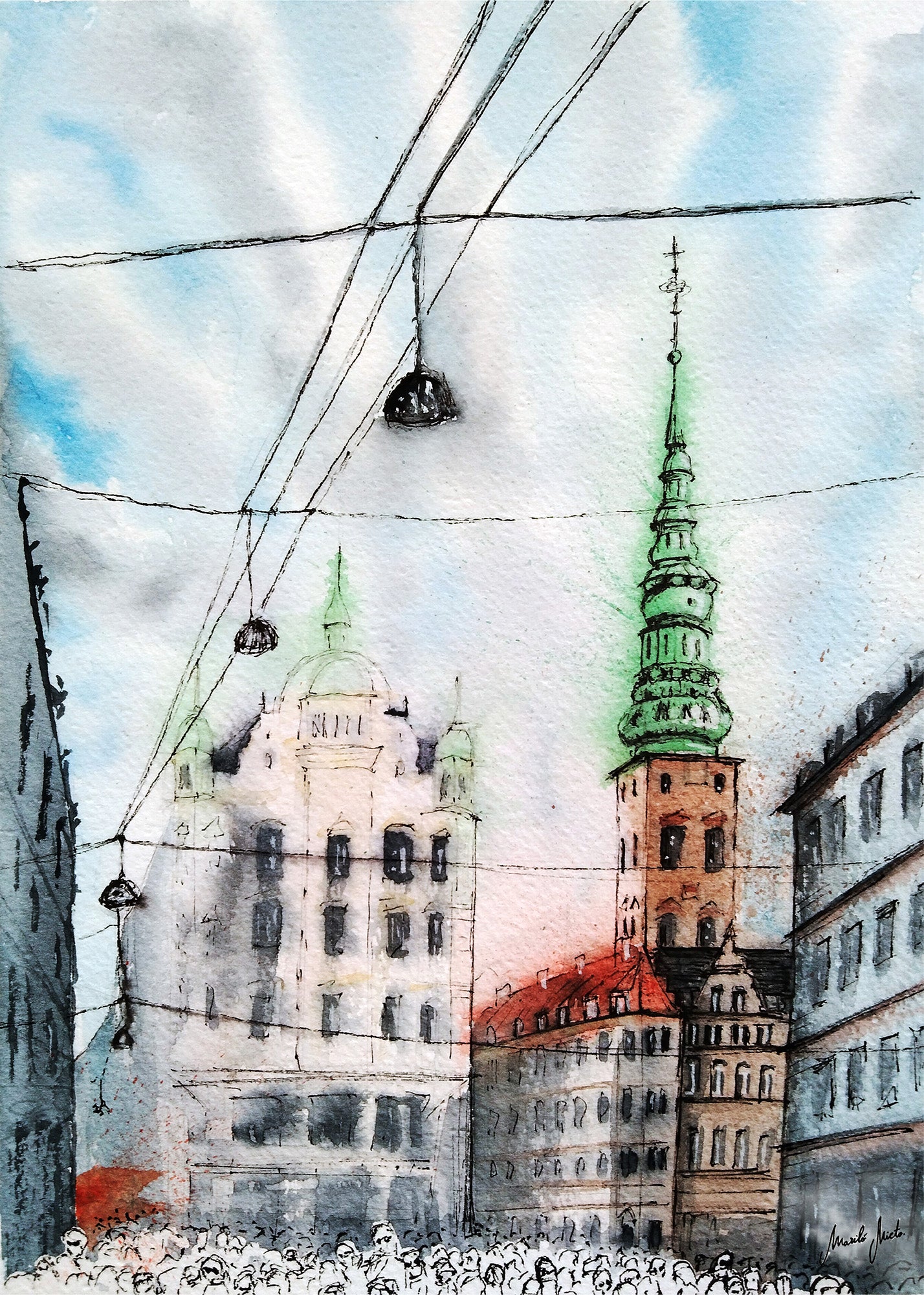 Acuarela original de la calle Strøget en Copenhague, con edificios rojizos, cúpulas verdes y figuras humanas en blanco sobre fondo urbano.