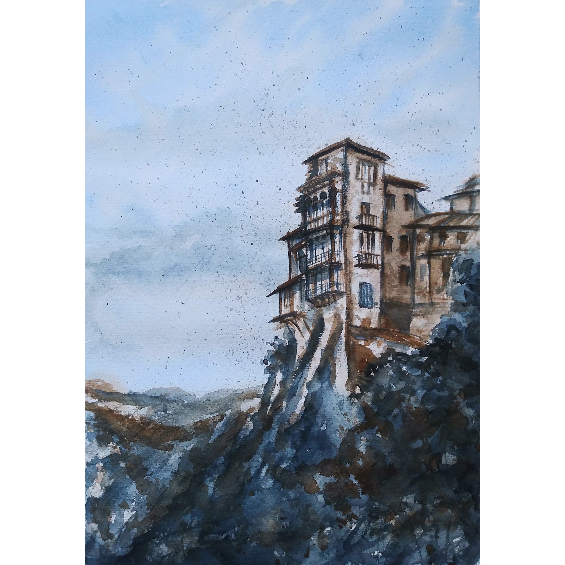 Acuarela de las casas colgantes de Cuenca, suspendidas sobre un abismo, simbolizando la resiliencia y la fuerza de las raíces para vencer el paso del tiempo. Formato cuadrado