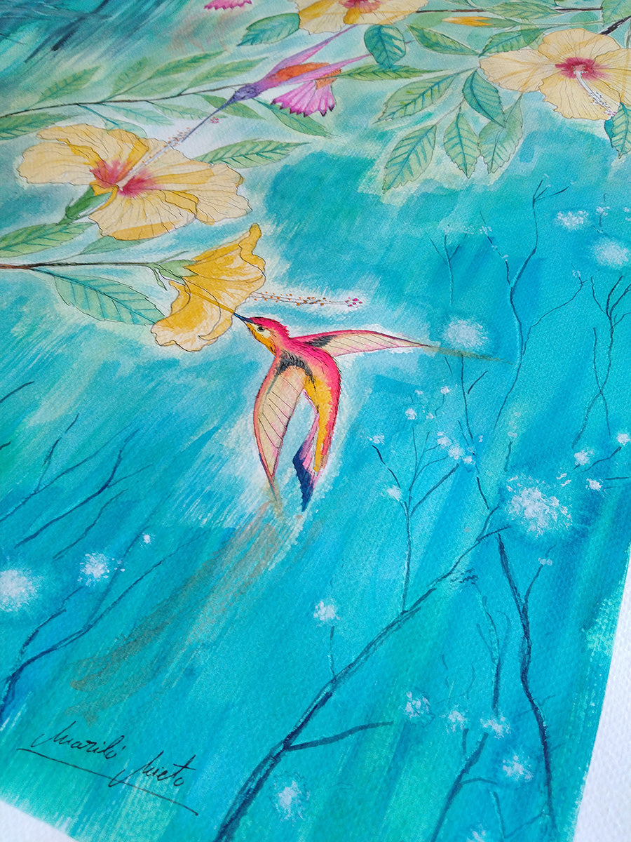 Primer plano de la textura del papel de acuarela y la firma del artista en la obra Colibríes III, mostrando los matices de la tinta y el papel.