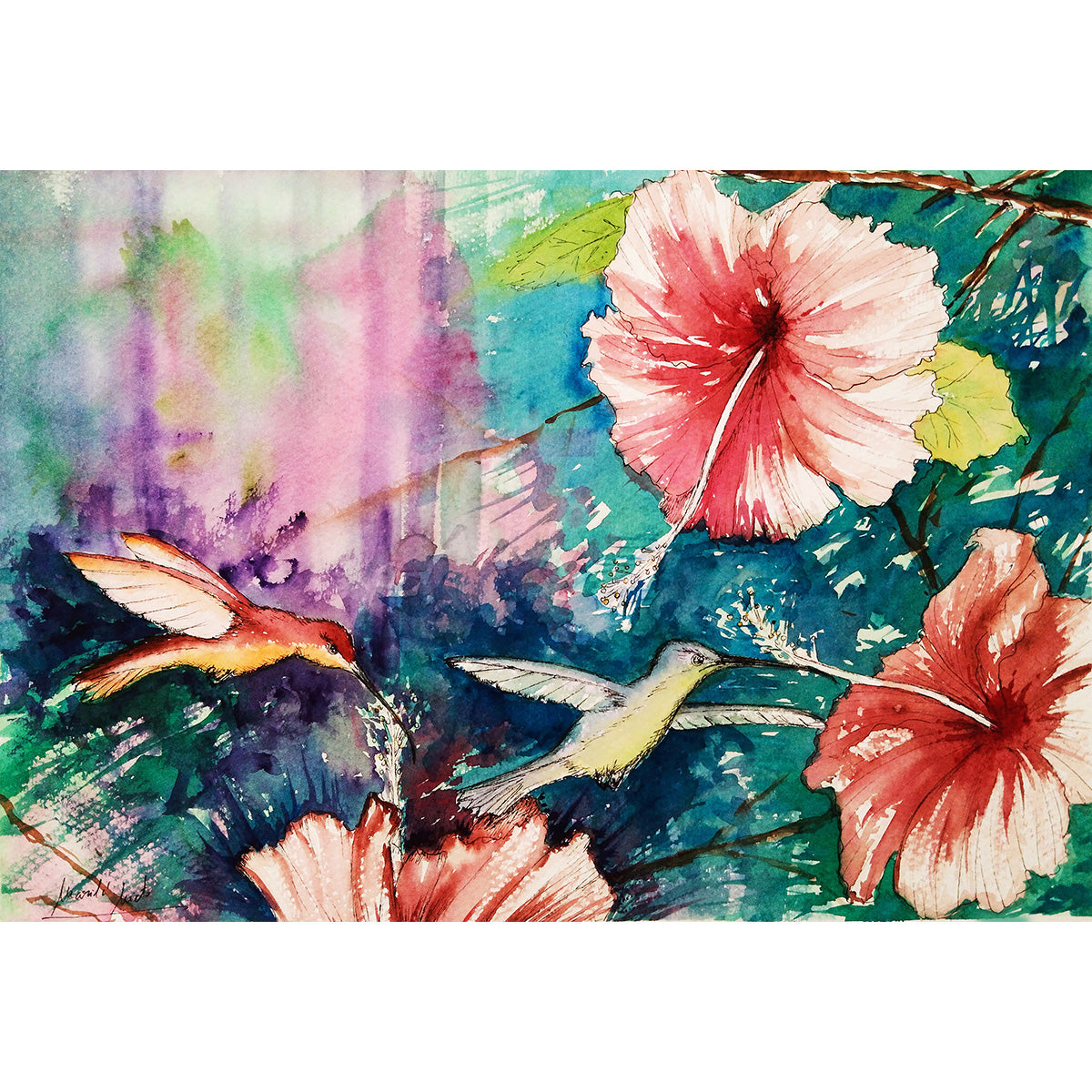 Acuarela de dos colibríes volando entre la floresta, reflejando resiliencia, paz interior y la fuerza de la virtud del ser. Parte de la serie Colibríes. Formato cuadrado.