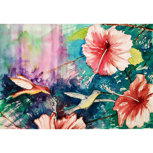 Acuarela de dos colibríes volando entre la floresta, reflejando resiliencia, paz interior y la fuerza de la virtud del ser. Parte de la serie Colibríes. Formato cuadrado.