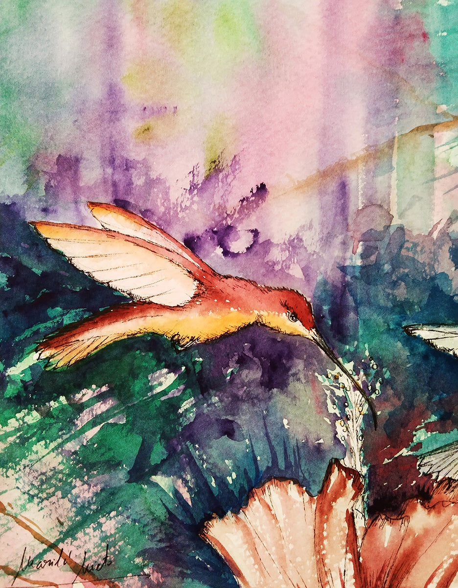 Detalle en acuarela un colibrí marrón, mostrando la fluidez del pincel y la delicadeza de los movimientosí 