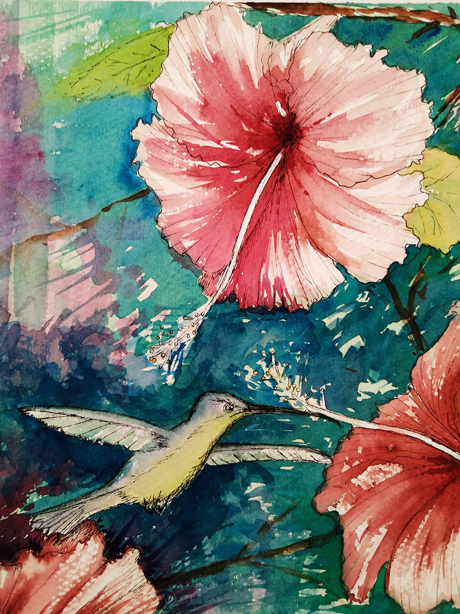 Detalle en acuarela de un colibrí azulado y las flores en la obra Colibríes II, mostrando la fluidez del pincel y la delicadeza de los movimientos.