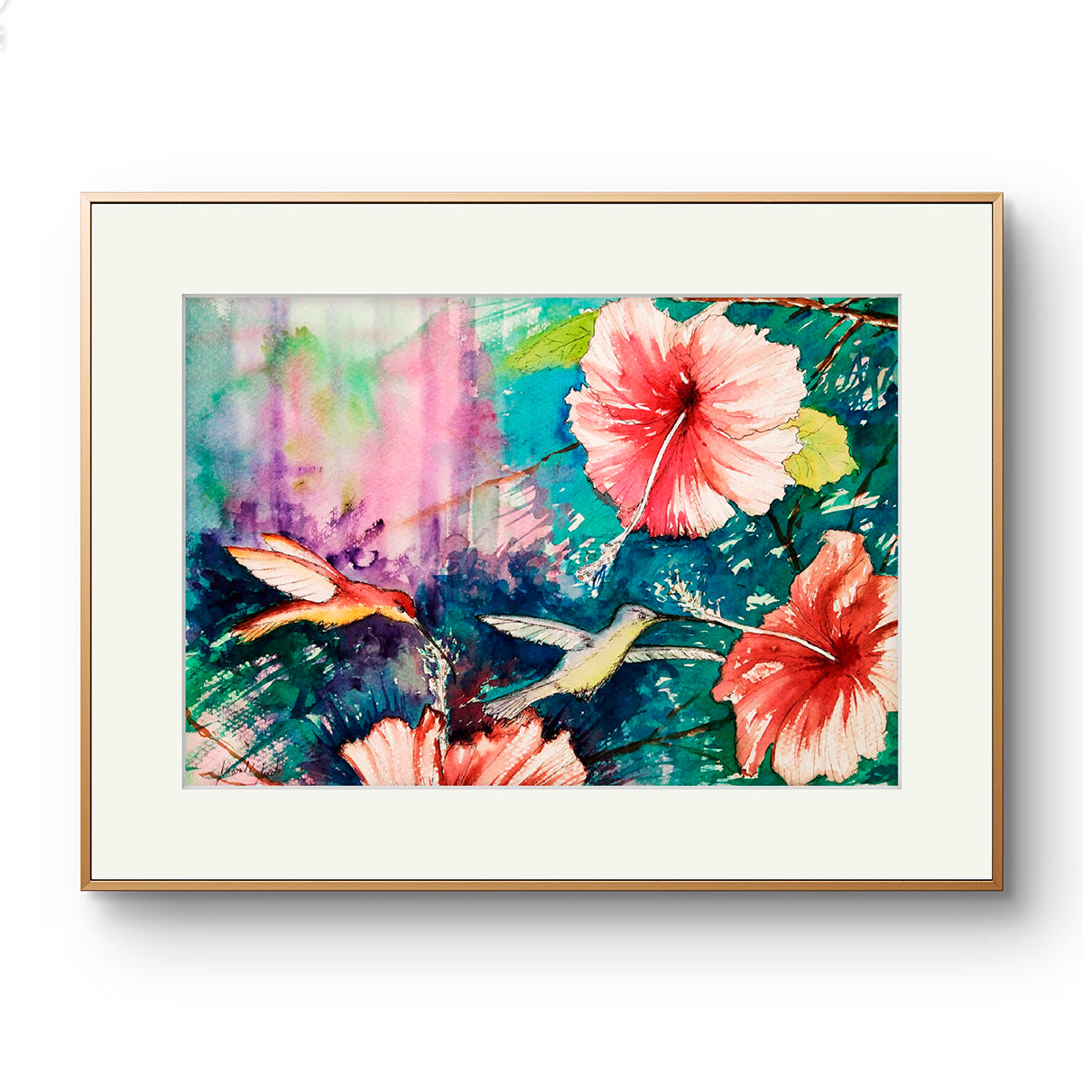 Acuarela Colibríes II enmarcada, decorando un espacio lleno de calma y reflexión. Arte sobre resiliencia y equilibrio.