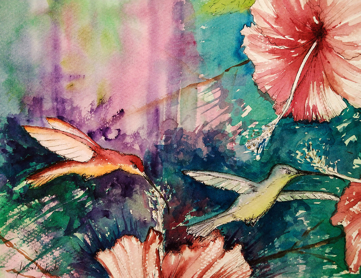 Acuarela de dos colibríes volando entre la floresta, reflejando resiliencia, paz interior y la fuerza de la virtud del ser. Parte de la serie Colibríes.