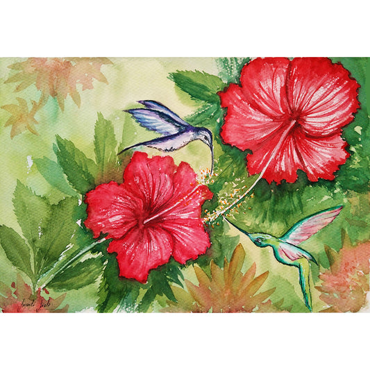 Acuarela de dos colibríes alimentándose entre hibiscos rojos. Obra que simboliza la resiliencia, la armonía y la energía vital. Parte de la colección Colibrí. Formato cuadrado.