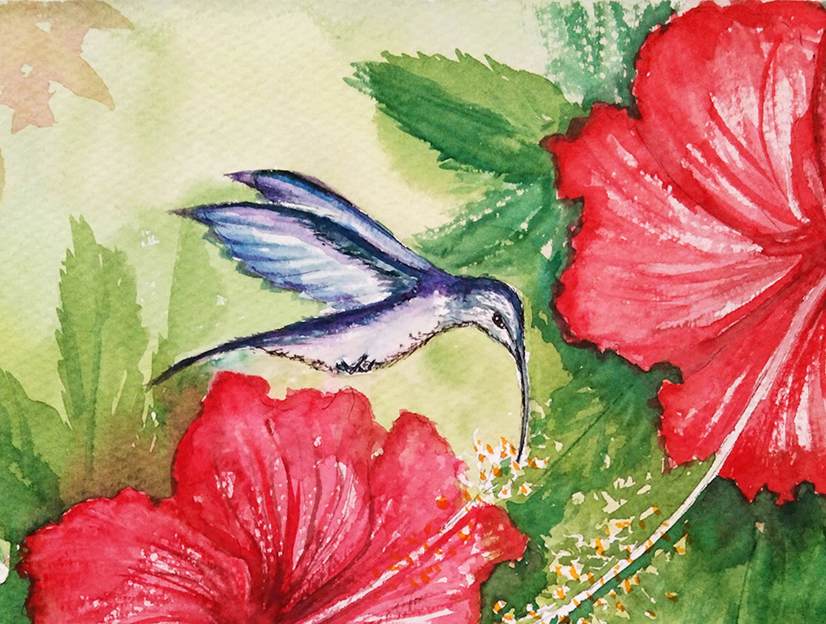 Detalle en acuarela de un colibrí azul en pleno vuelo, mostrando la precisión y fluidez del trazo artístico.