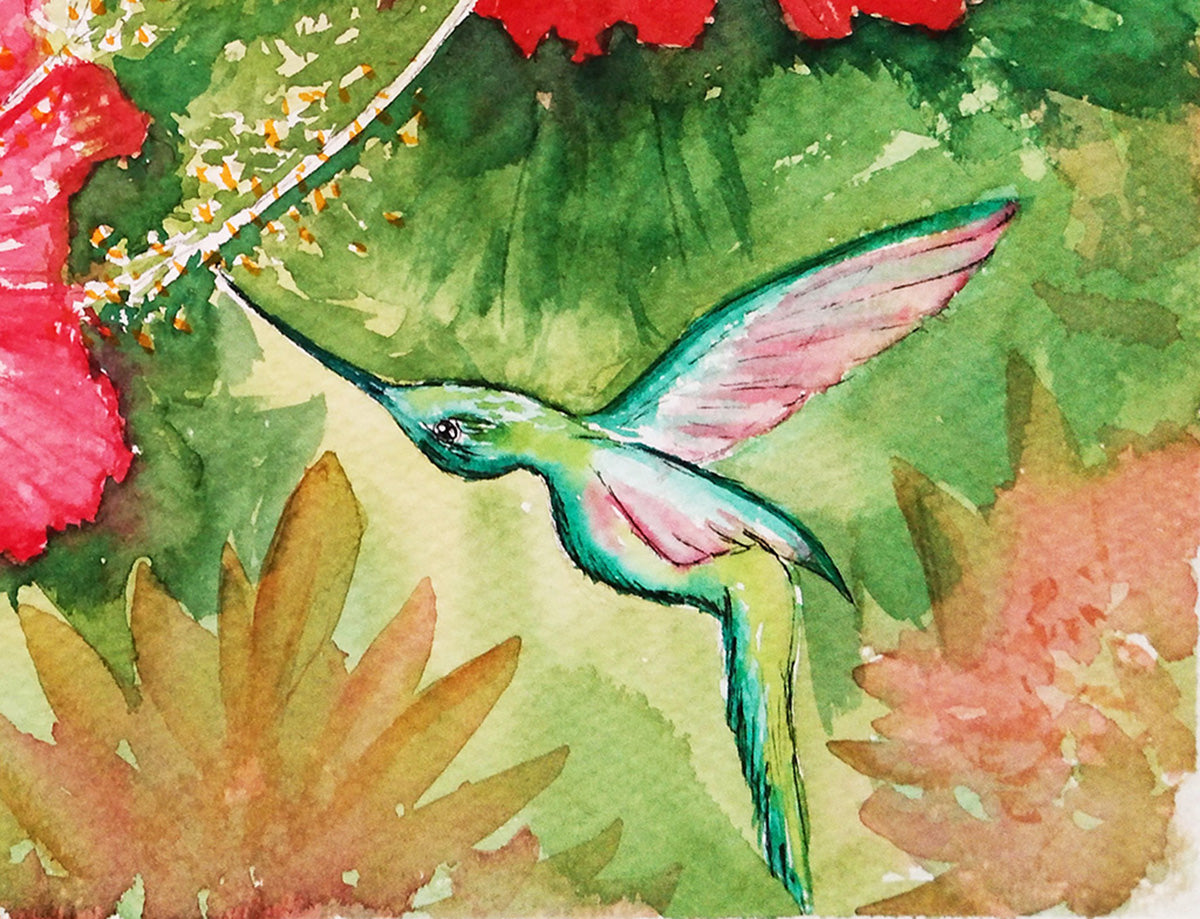 Detalle en acuarela de un colibrí verde y rosa en pleno vuelo, mostrando la precisión y fluidez del trazo artístico.
