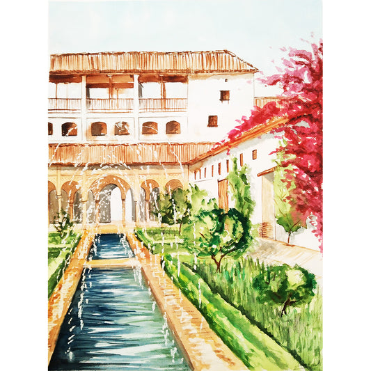 Acuarela de los Jardines del Generalife, mostrando la fuente alargada, chorros de agua y la exuberante naturaleza que rodea la arquitectura árabe. Formato cuadrado.