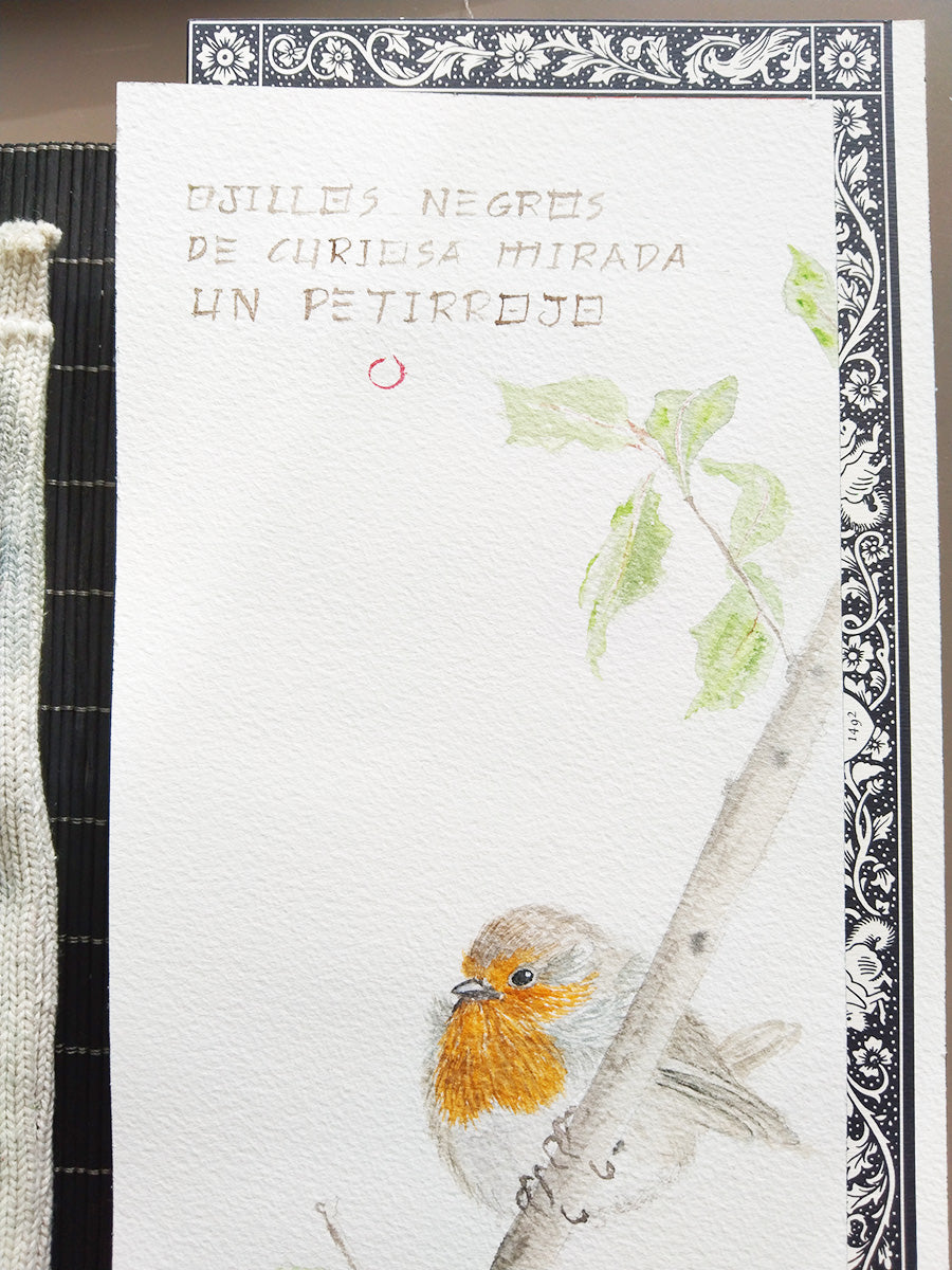Detalle del haiku y petirrojo pintado en acuarela, con énfasis en su ojo negro brillante y su plumaje rojizo característico.