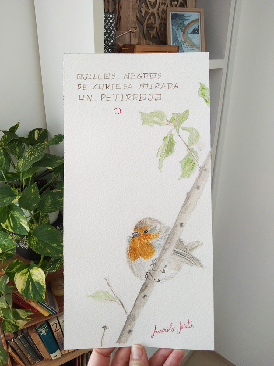 Pintura y haiku de la obra Petirrojo, mostrando el trabajo a mano con acuarela sobre papel de algodón.