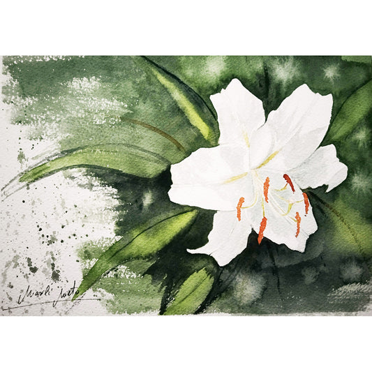 Acuarela en formato cuadrado del Lirio de Casablanca blanco, símbolo de fortaleza interior, victoria personal e integridad. Parte de la colección Jardín de Flores Blancas."