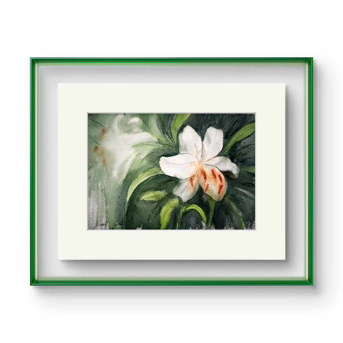Acuarela del Lirio de Casablanca en penumbra enmarcada. Arte floral para ambientes de calma y reflexión.