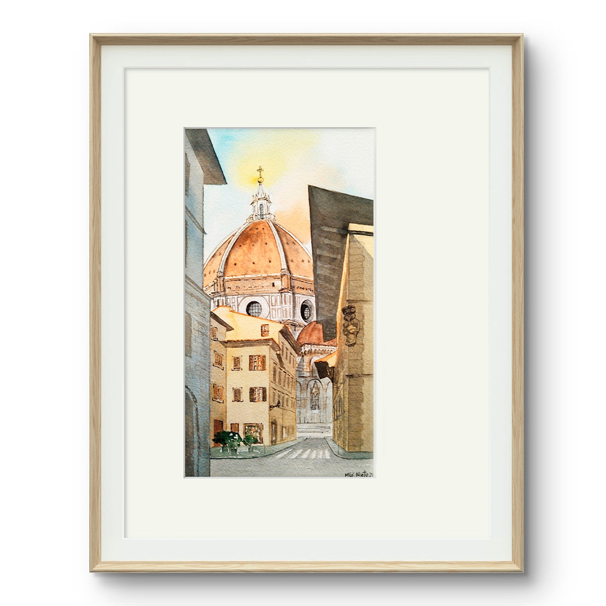 Acuarela de Luna de Miel en Florencia enmarcada, decorando un espacio interior. Arte urbano de un recuerdo.