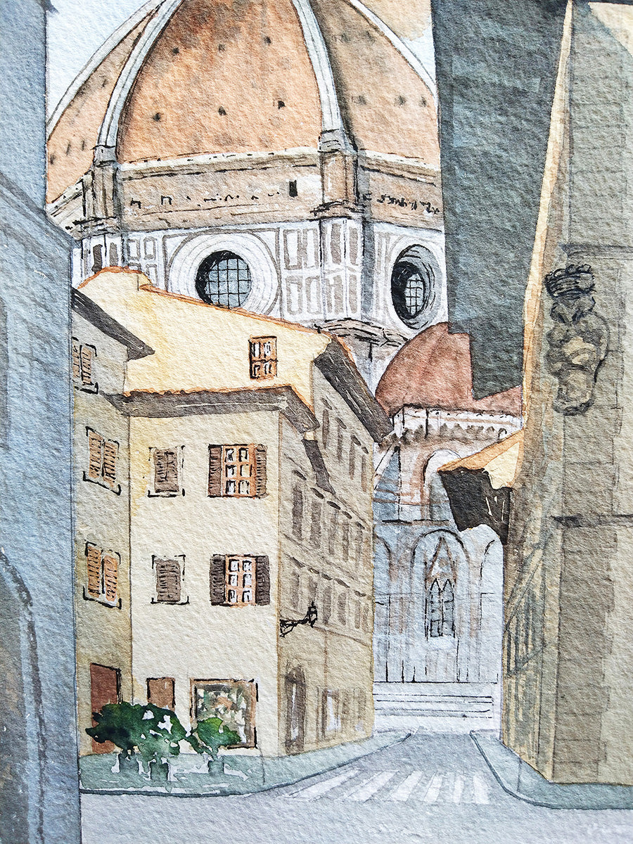 Detalle de una calle florentina pintado en acuarela, mostrando la textura delicada y los detalles en tinta.