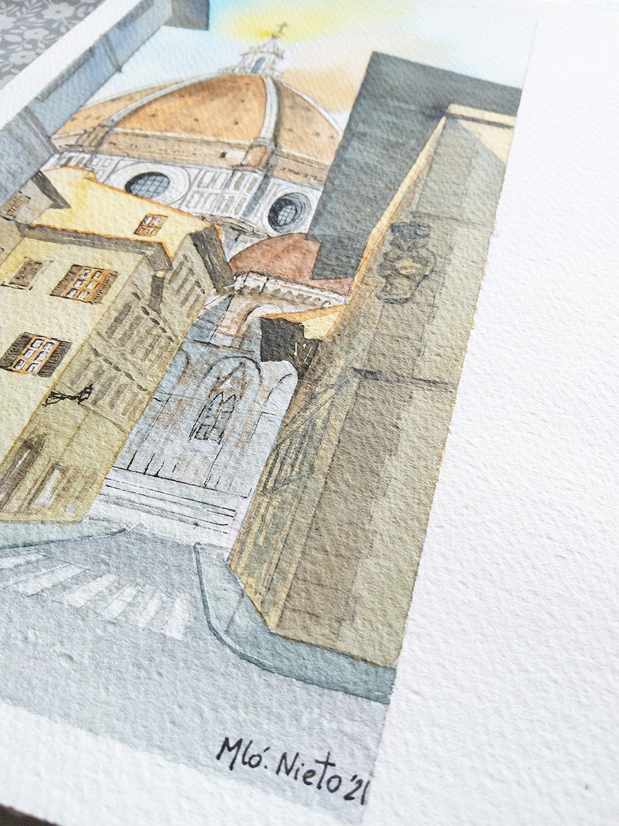 Primer plano de la textura del papel de acuarela y la firma del artista en la obra Luna de Miel en Florencia.