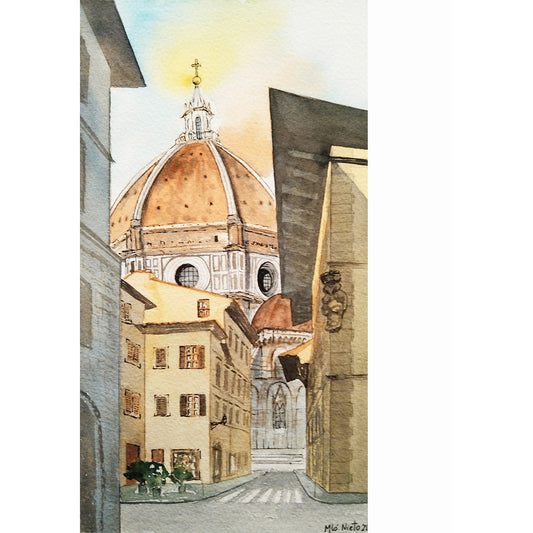 Acuarela de Luna de Miel en Florencia, acuarela de un recuerdo paseando por sus calles. Parte de la colección Ciudades en el viento. Formato cuadrado.