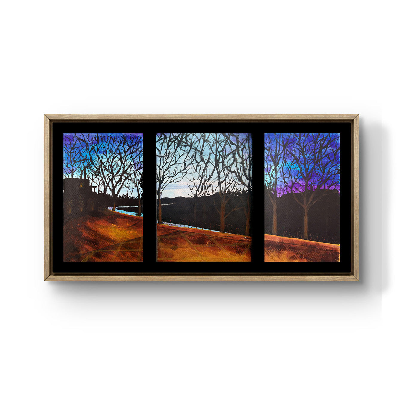 Tríptico Mirando al Horizonte enmarcado. Obra emocional que combina arte contemporáneo y paisajismo simbólico.