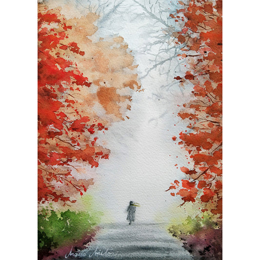 Acuarela Niebla en el Bosque, una figura solitaria camina entre árboles otoñales envueltos en niebla. Obra introspectiva de la colección Bosques Interiores. Formato cuadrado.