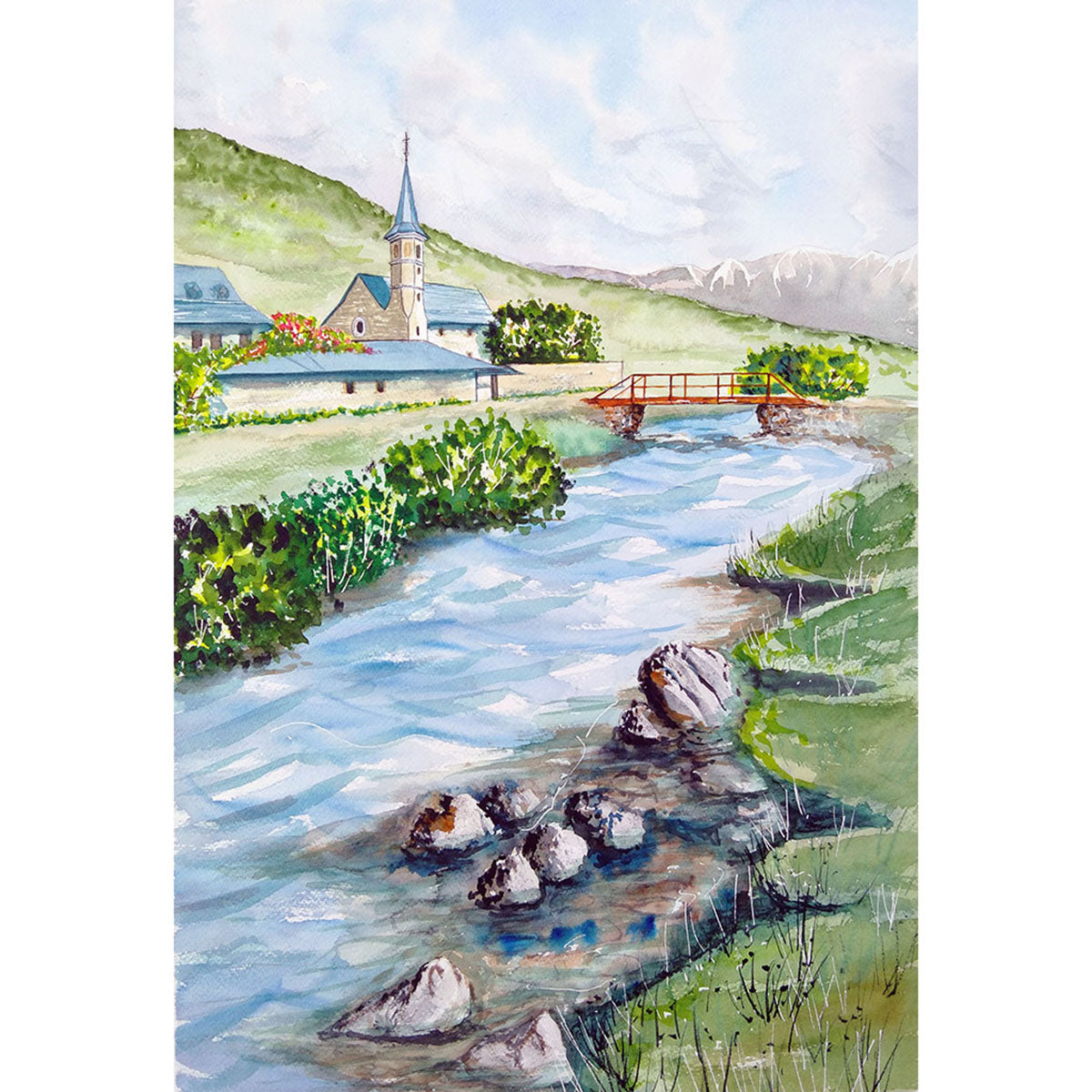 Acuarela del Santuario de Montgarri en primavera, con un río cristalino, un puente anaranjado y paisajes pirenaicos que invitan al silencio y la introspección. Formato cuadrado.
