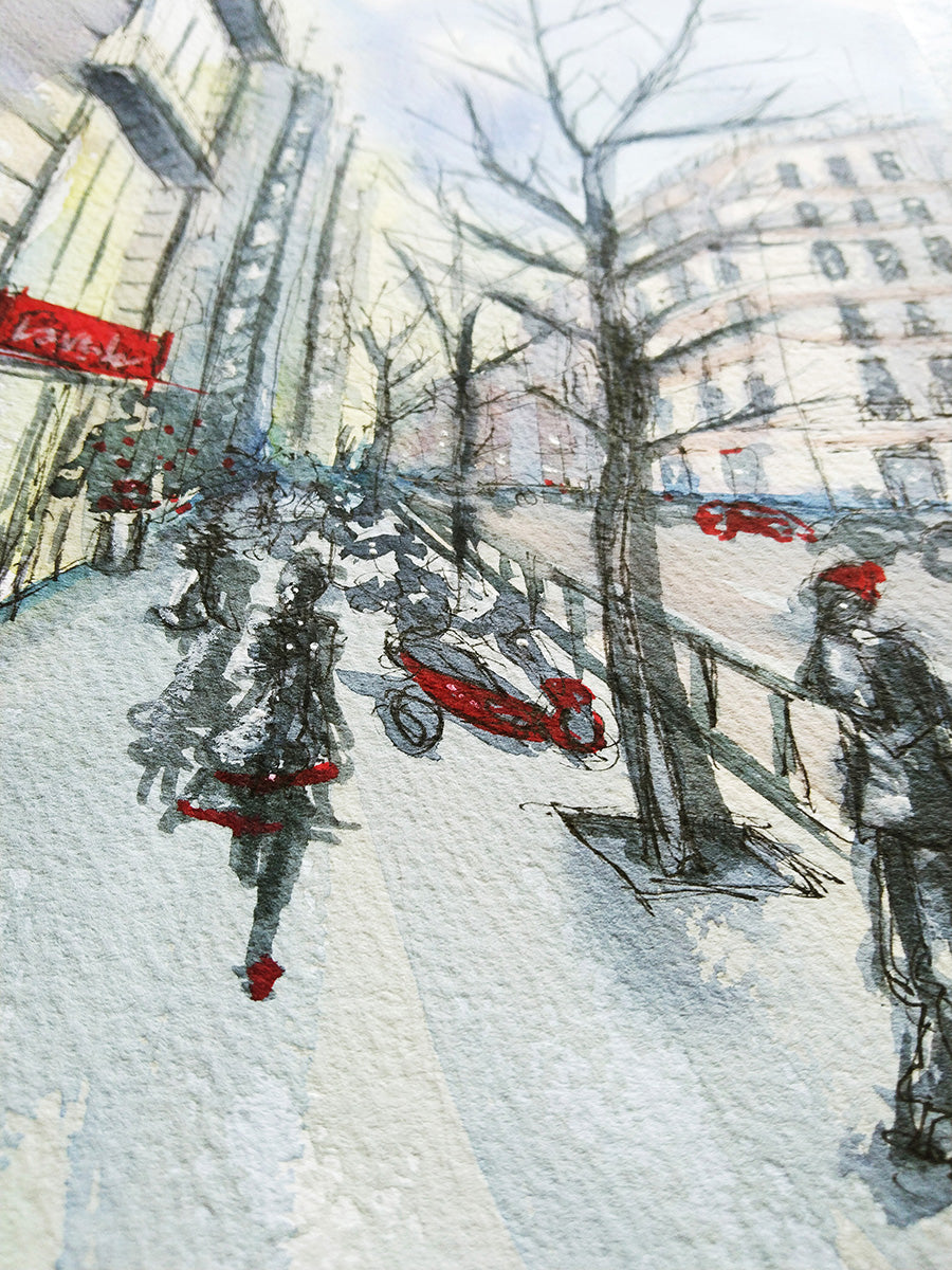 Detalles rojos entre colores fríos y cálidas luces interiores. Un reflejo emocional del invierno urbano en confinamiento.