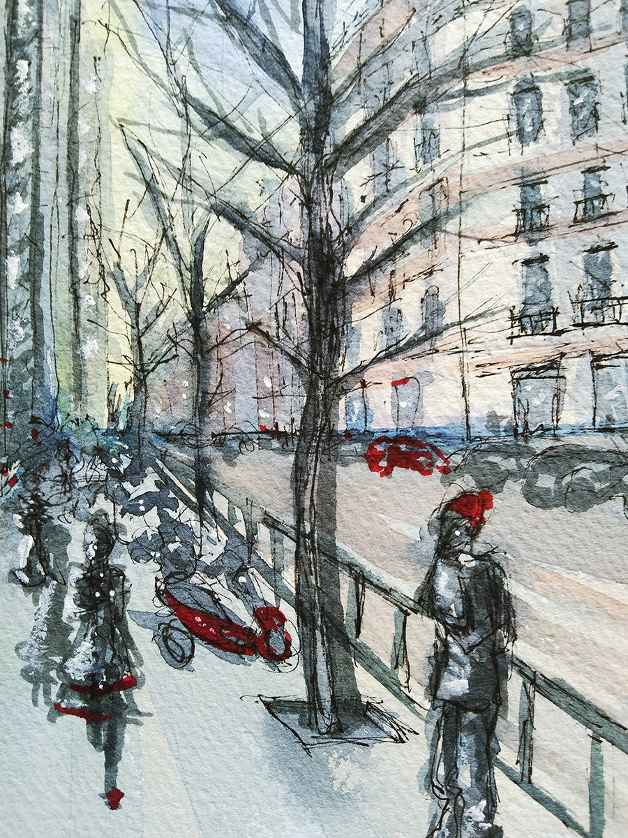 Punto de fuga, detalles rojos. Un reflejo emocional del invierno urbano en confinamiento.