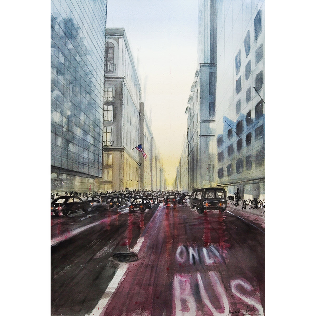 Acuarela de una calle de Nueva York al amanecer, con carril bus rojo oscuro, coches agolpados y edificios fríos reflejándose. Luz dorada al fondo como símbolo de cambio y esperanza. Formato cuadrado.