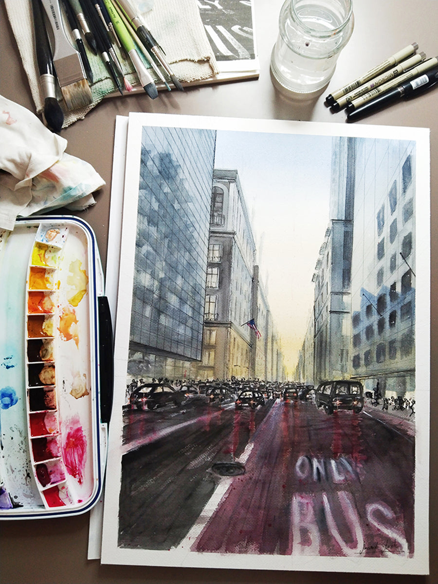 Final del proceso artístico de la acuarela Un nuevo amanecer, del amanecer en Nueva York, mostrando el desarrollo de los tonos fríos urbanos y la luz cálida del horizonte.