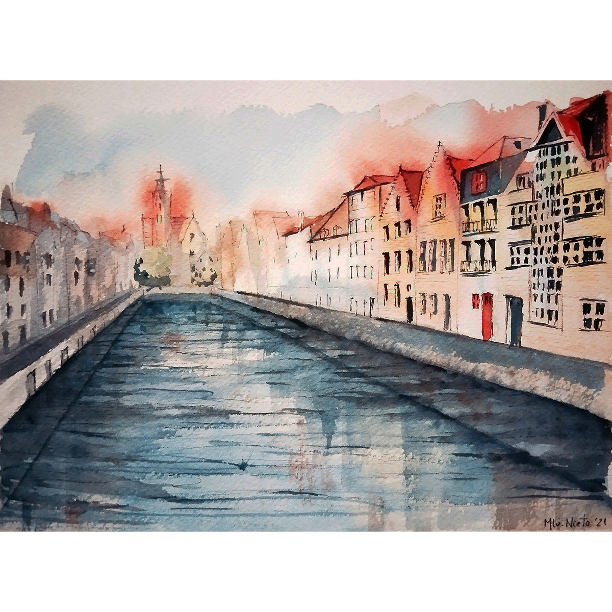Acuarela de Brujas desde un puente, con canal azul y tejados rojizos. Iglesia al fondo en una escena tranquila al amanecer. Formato cuadrado