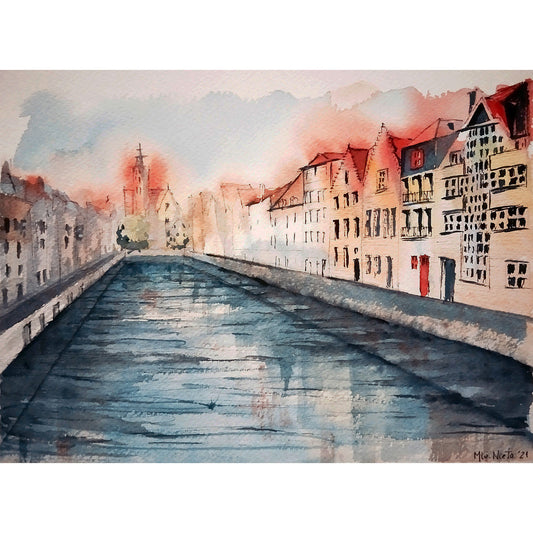 Acuarela de Brujas desde un puente, con canal azul y tejados rojizos. Iglesia al fondo en una escena tranquila al amanecer. Formato cuadrado