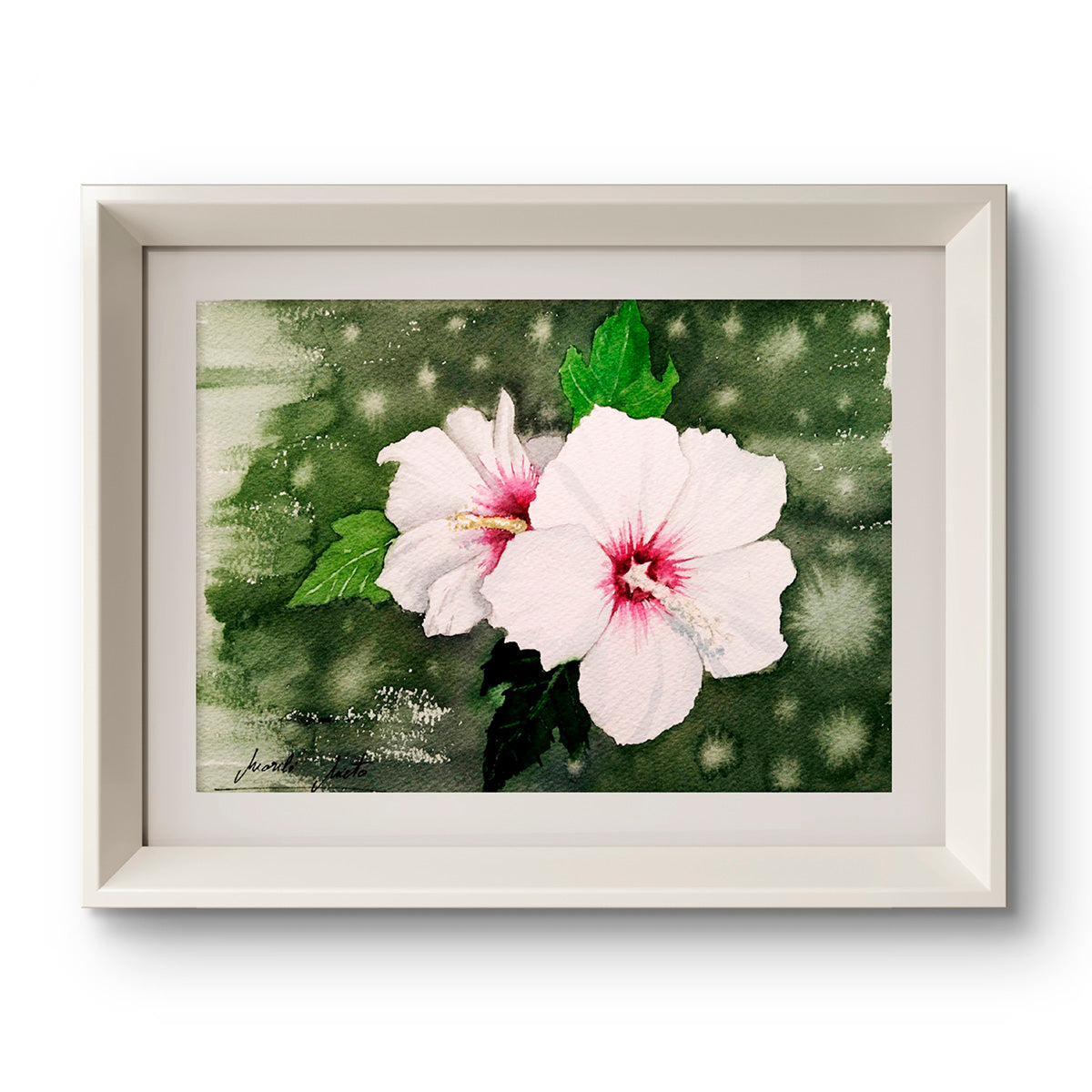 Acuarela Hibisco Blanco enmarcada en madera clara, ideal para espacios de calma y reflexión personal.