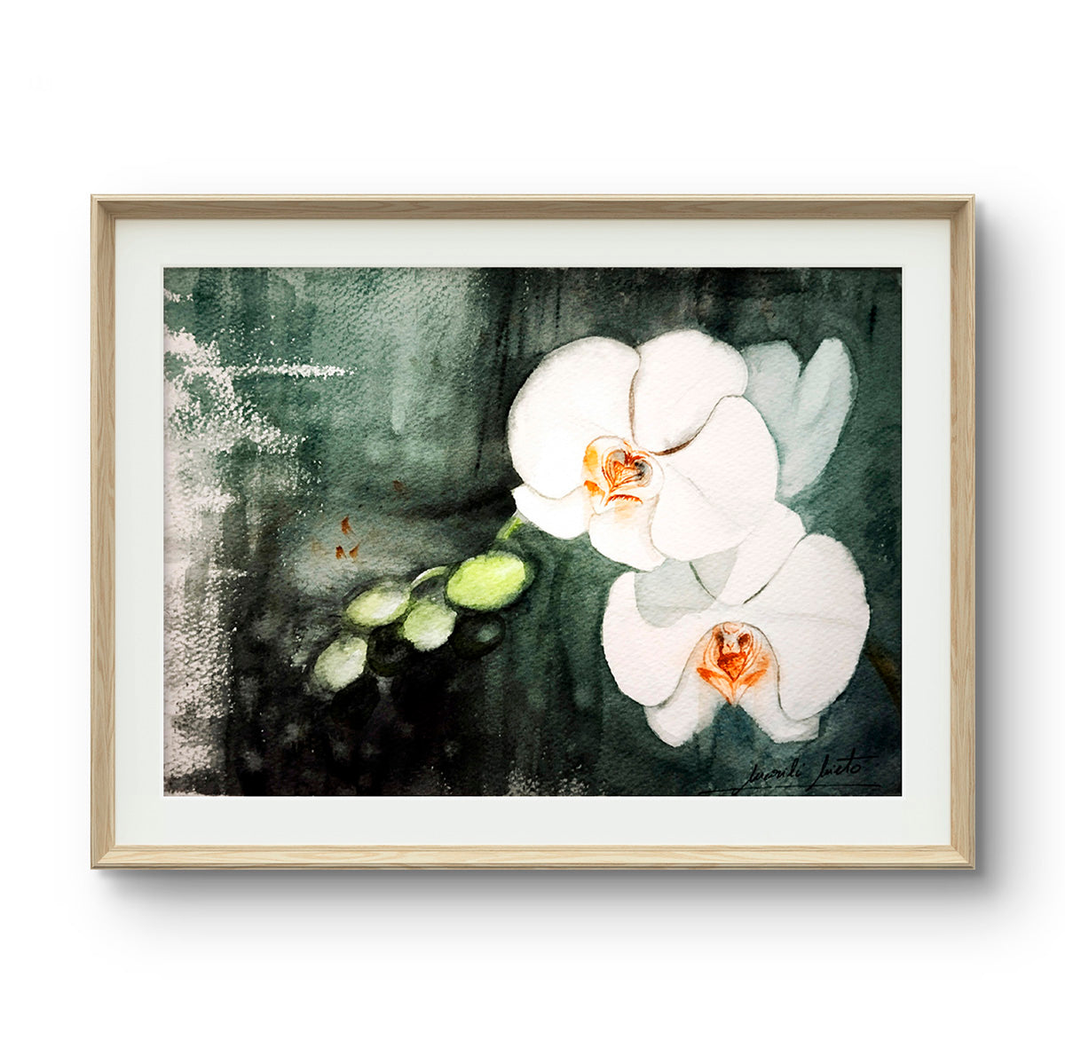 Acuarela del Orquídea blanca enmarcada minimalista. Arte floral para ambientes de calma y reflexión."